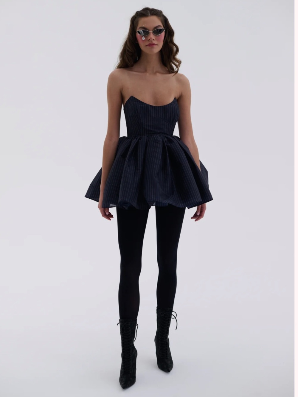 Selkie Navy Pinstripe Strapless Mini Dress